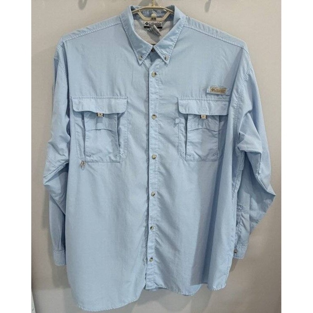 Columbia PFG Mens UPF Nylon Button Up Long Roll Tab Sleeve Light Blue Shirt 2XT